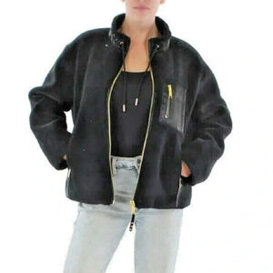 Rebecca Minkoff Black Gold Teddy Faux Vegan Fur Coat BOMBER Jacket Plush XL $348